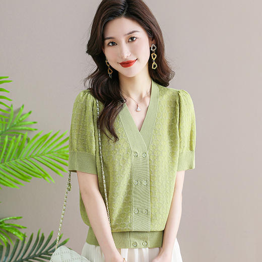 QY天丝双排扣气质薄款针织衫女短袖薄款洋气时尚针织上衣t恤夏2312 商品图0