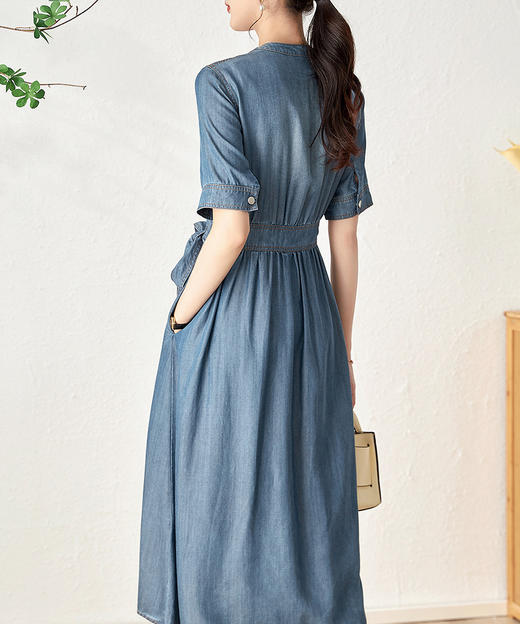 通勤休闲，短袖小圆领衬衫收腰显瘦单排扣开叉牛仔连衣裙WLZD-2306202 商品图1