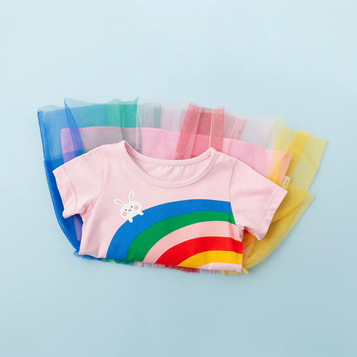 贝贝怡女童彩虹短袖连衣裙女宝宝夏季不规则网纱裙学院风蓬蓬裙 商品图3