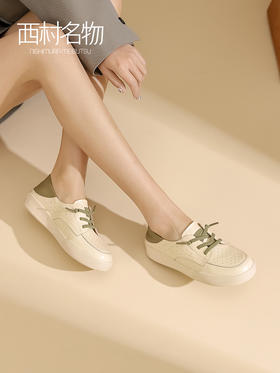 西村名物2023春季新款简约百搭板鞋圆头拼接深口舒适休闲鞋12941