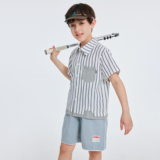 【抄底价清仓】龙之涵简约气质款短袖衬衣 三次高温水洗全棉 免熨烫 随意穿 休闲百搭 尺码100-170 男童条纹拼接短袖衬衣 商品图10