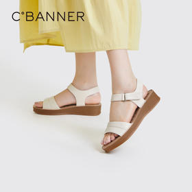 千百度女鞋夏季休闲凉鞋配裙子坡跟一字式凉鞋厚底真皮 A23331905