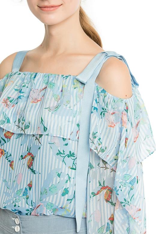 AVA 植物印花条纹露肩雪纺上衣 2348 商品图4