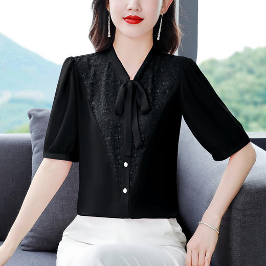 新款V领蝴蝶结飘带亮片衬衣气质百搭上衣KQL-B46N5896 商品图8