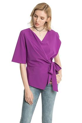 BASIC HOUSE 紫色不对称袖围裹式上衣 2386