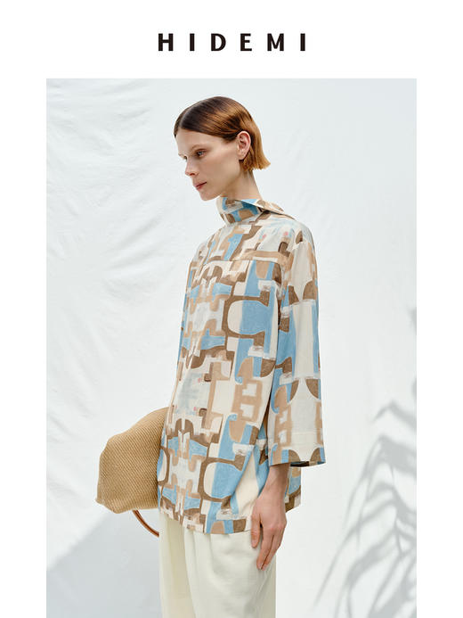 HIDEMI 抽象油画印花缎面古巴领衬衫 商品图9