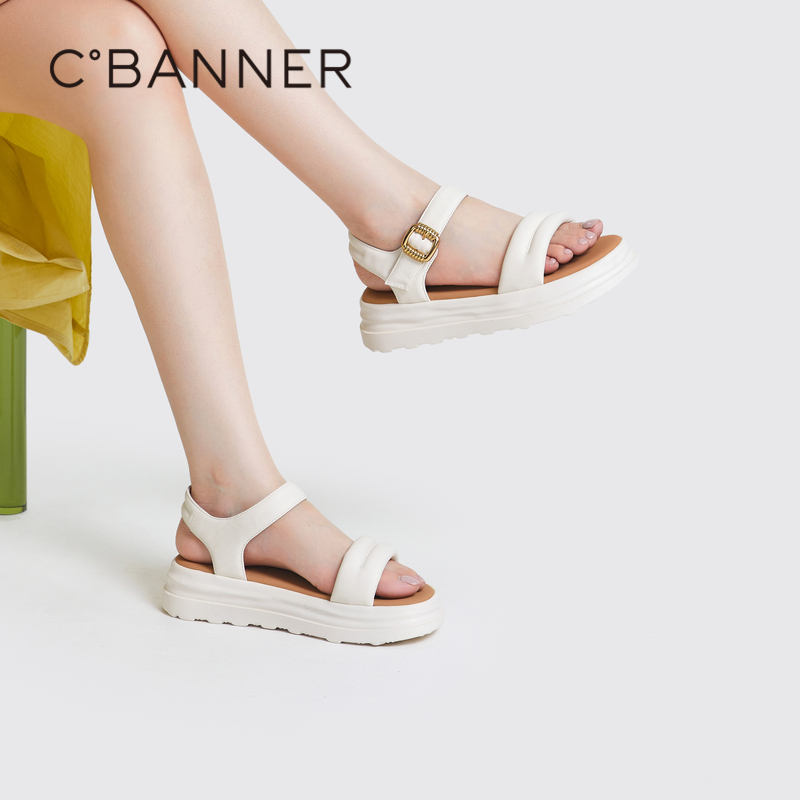 千百度女鞋夏季休闲凉鞋舒软厚底沙滩海边面包凉鞋真皮A23323203