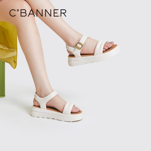 千百度女鞋夏季休闲凉鞋舒软厚底沙滩海边面包凉鞋真皮A23323203 商品图0