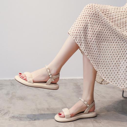ZHR网纱珍珠凉鞋女2023夏季新款超仙一字带凉鞋甜美温柔气质女鞋 商品图2