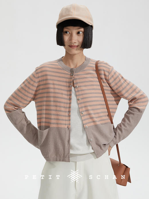 PETIT SCHAN小闪 CLO#255 millefoglie 千层派 棉麻混纺条纹圆领针织开衫/空调衫 商品图3