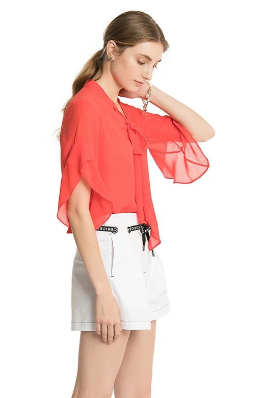 AVA 红色荷叶边袖系带雪纺上衣 2352 商品图2