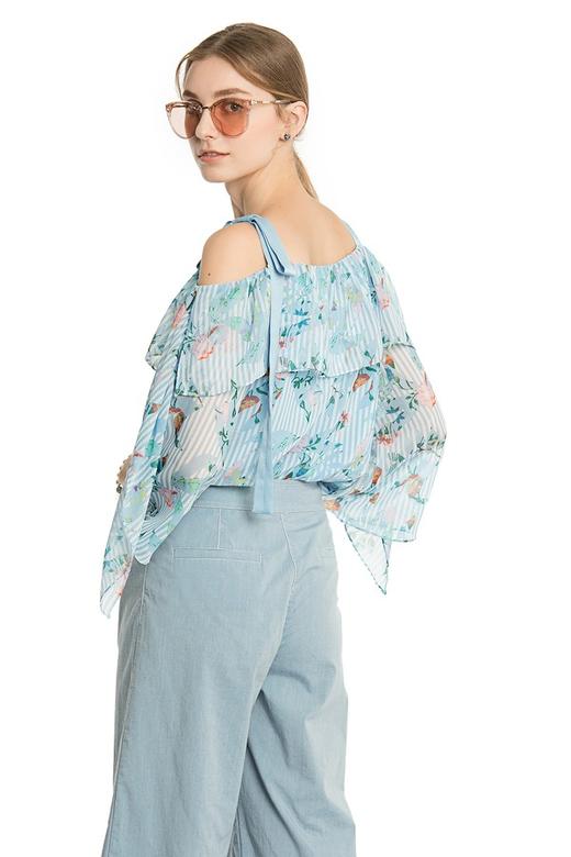 AVA 植物印花条纹露肩雪纺上衣 2348 商品图2