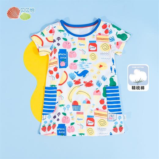 贝贝怡夏季女童轻薄短袖连衣裙卡通印花直筒裙时尚圆领裙子洋气女 商品图1