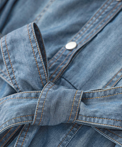 通勤休闲，短袖小圆领衬衫收腰显瘦单排扣开叉牛仔连衣裙WLZD-2306202 商品图3