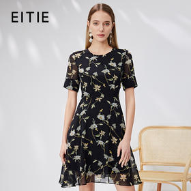 EITIE爱特爱时尚优雅法式印花大方圆领a字连衣裙显瘦通勤夏新款B07156