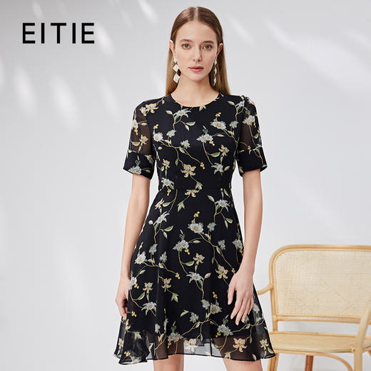 EITIE爱特爱时尚优雅法式印花大方圆领a字连衣裙显瘦通勤夏新款B07156 商品图0