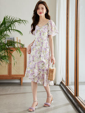 【专属特价】熙世界不规则荷叶边印花连衣裙女夏新款气质收腰V领超仙雪纺裙子