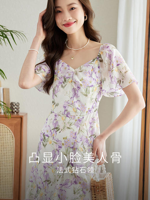 【专属特价】熙世界不规则荷叶边印花连衣裙女夏新款气质收腰V领超仙雪纺裙子 商品图2