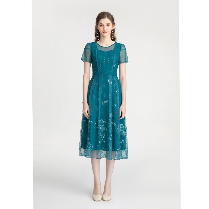 司歌复古刺绣短袖夏女连衣裙A871036