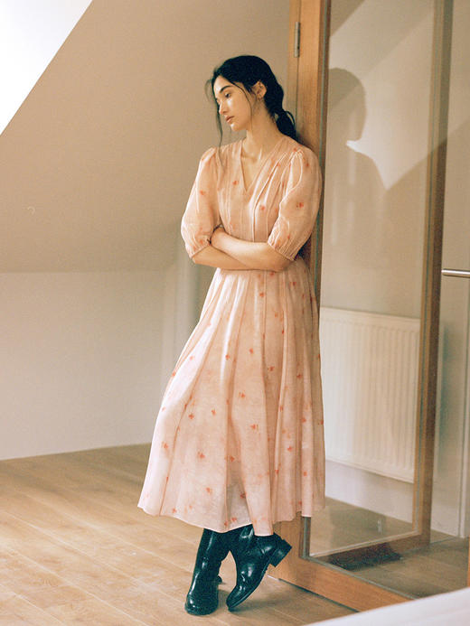 Even Vintage | 丝质光泽 法式V领泡泡袖粉红印花连衣裙女小个子 商品图1