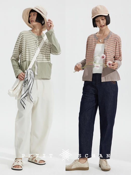 PETIT SCHAN小闪 CLO#255 millefoglie 千层派 棉麻混纺条纹圆领针织开衫/空调衫 商品图4