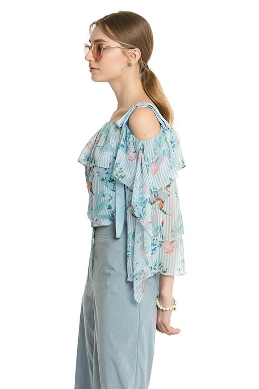 AVA 植物印花条纹露肩雪纺上衣 2348 商品图3