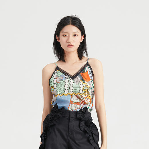 谜底2023夏季新款纯棉印花蕾丝花边V领细吊带内搭上衣女236MN7093 商品图0