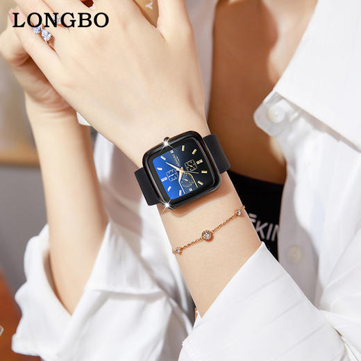 【美妆饰品】LONGBO龙波新款硅胶带手表方形三眼中性女士防水气质石英腕表 商品图1
