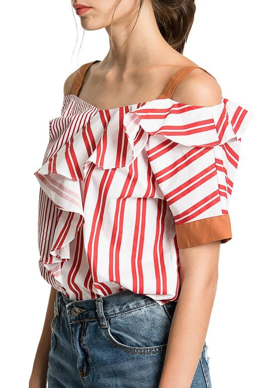 ROSEHOO 拼接条纹荷叶边饰挖肩上衣 2507 商品图7