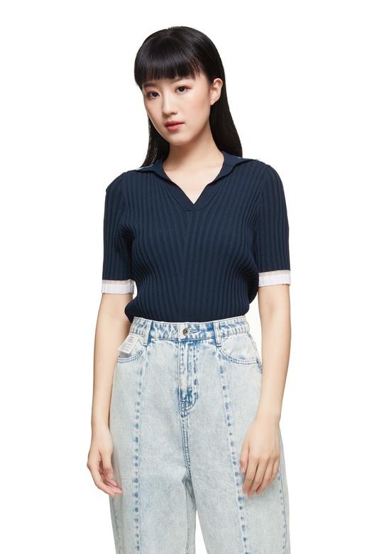 玛丝菲尔·素 拼色V领修身上衣 9001 商品图0