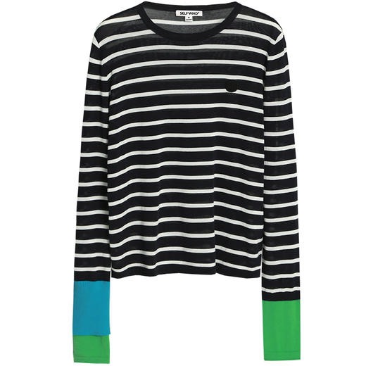 Self Who2023夏新款宽松打底衫醋酸棉拼色袖子经典条纹长袖T恤女 商品图4