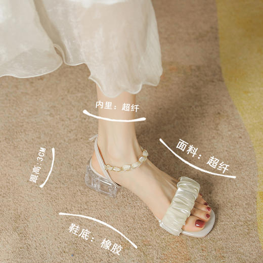 「两款配色！法式小香风」凉鞋女夏2023夏季新款粗跟凉鞋女褶皱云朵一字扣凉鞋女 商品图3