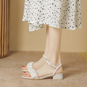 「两款配色！简约设计」凉鞋女2023新款夏季中跟鞋子 褶皱粗跟凉鞋一字带单鞋女