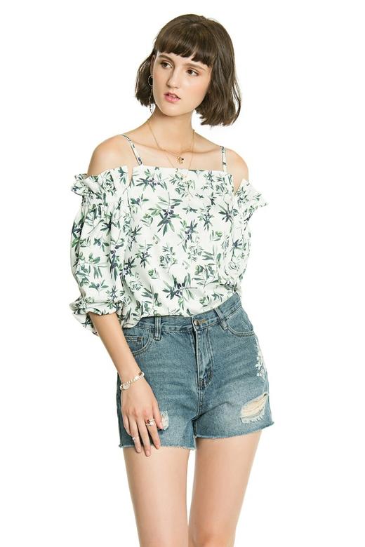 DONG DE XI 植物印花挖肩开衩上衣 2648 商品图0