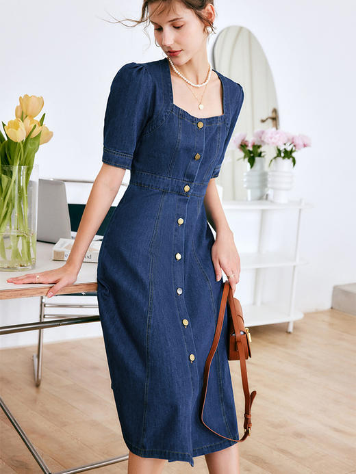 欧芮儿牛仔连衣裙女夏季2022新款法式收腰显瘦复古气质设计感裙子 商品图3