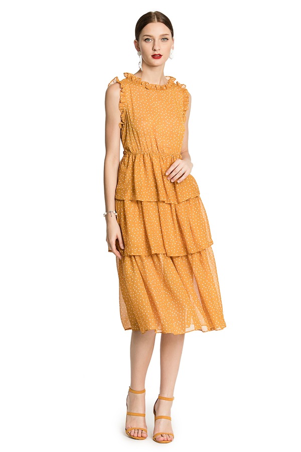 AVA 黄色荷叶边收腰连衣裙 2893