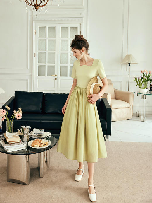 OLrain欧芮儿法式黄绿色连衣裙女夏季2023新款收腰针织拼接薄裙子 商品图3