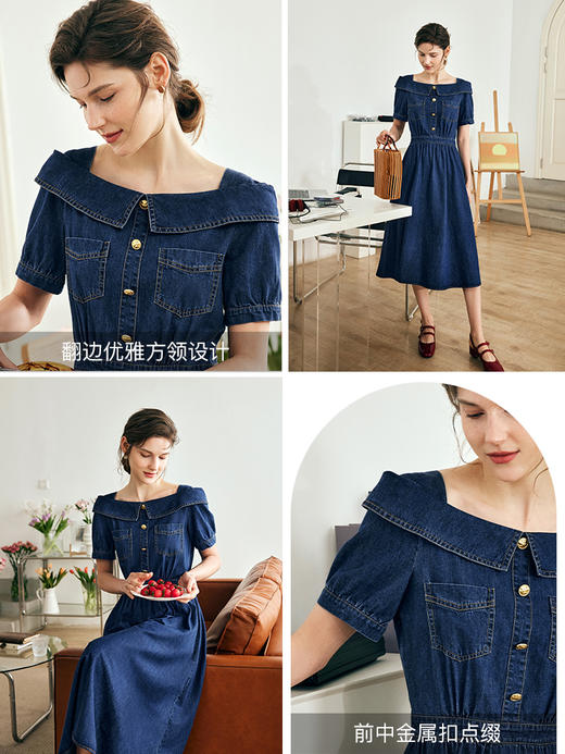 OLrain欧芮儿法式方领牛仔连衣裙女夏季2023新款收腰复古港风裙子 商品图1
