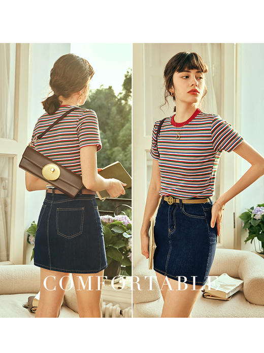 OLrain欧芮儿法式条纹短袖t恤女夏季2023年新款修身撞色套头上衣 商品图2