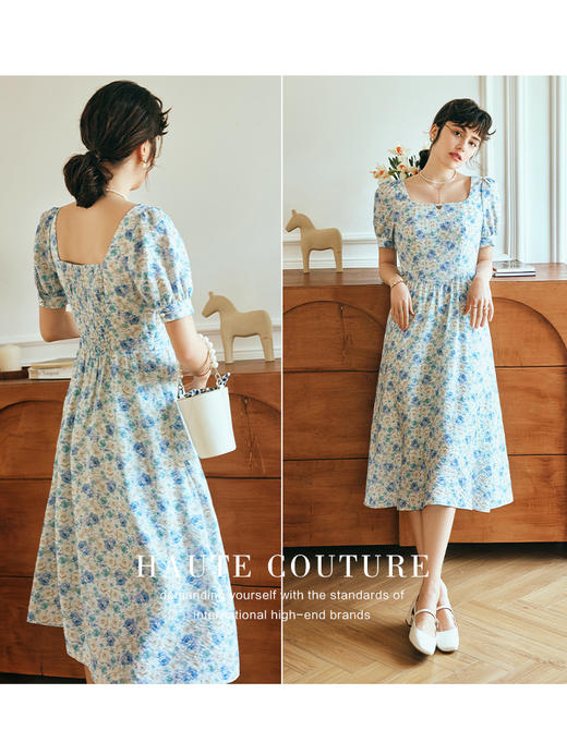 OLrain欧芮儿法式方领碎花连衣裙女夏季2023年新款收腰轻薄茶歇裙 商品图2