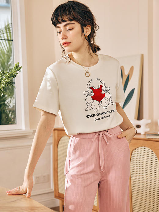 OLrain欧芮儿法式短袖T恤女夏季2023年新款重工刺绣撞色正肩上衣 商品图1