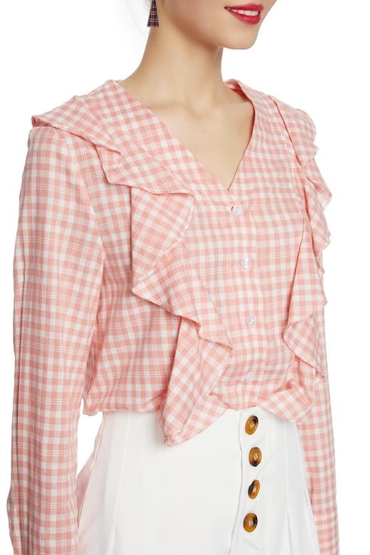 SUMMER & SAGE 荷叶边饰珊瑚色格纹上衣 7303 商品图2