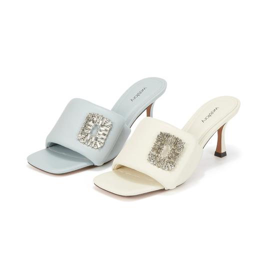 westory女鞋夏季新款细高跟羊皮镶钻饰扣舒适拖鞋61581 商品图0