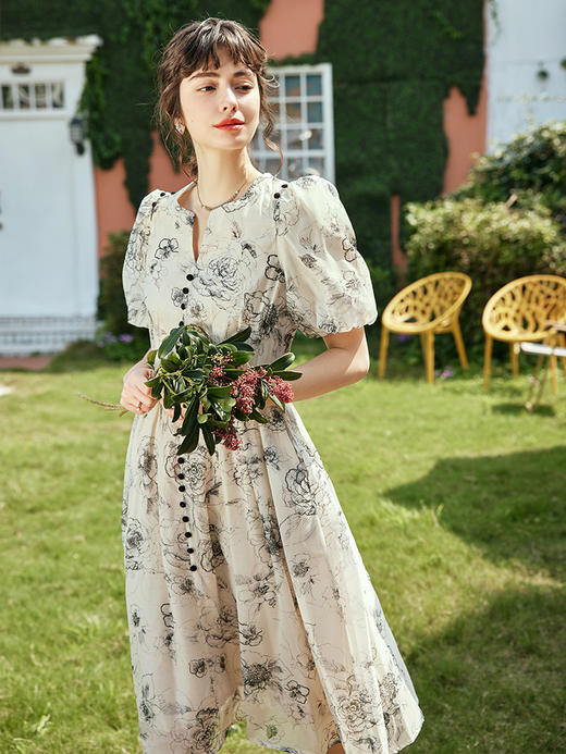 OLrain欧芮儿法式碎花连衣裙女夏季2023新款收腰气质仿天丝A字裙 商品图3