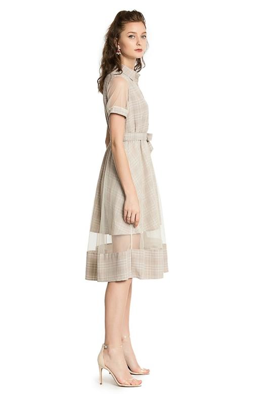 ZVY 杏色网格拼接连衣裙 2918 商品图1
