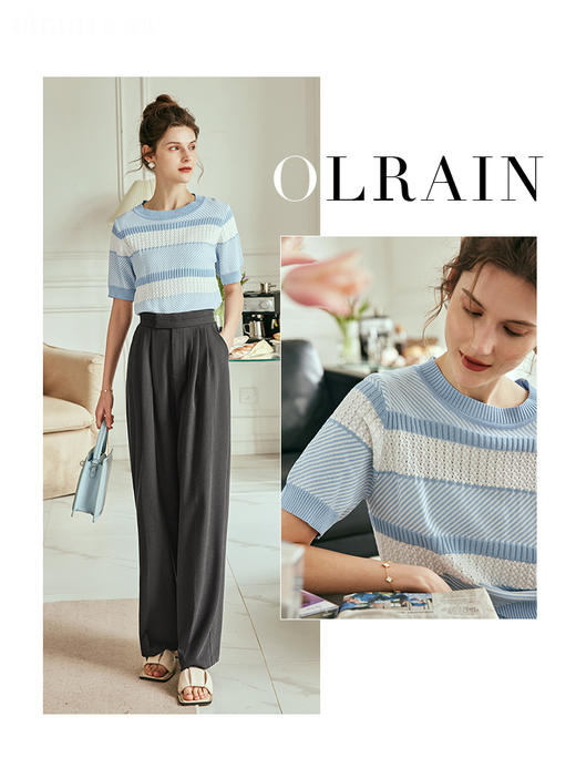 OLrain欧芮儿法式条纹针织衫女夏季2023年新款宽松减龄清爽套头衫 商品图0