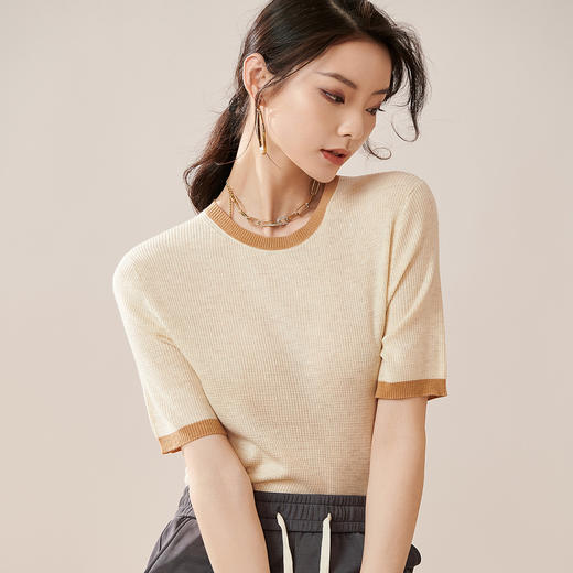 芳外【拼色基础针织T】2024夏季新款薄款弹力女式针织衫 商品图0