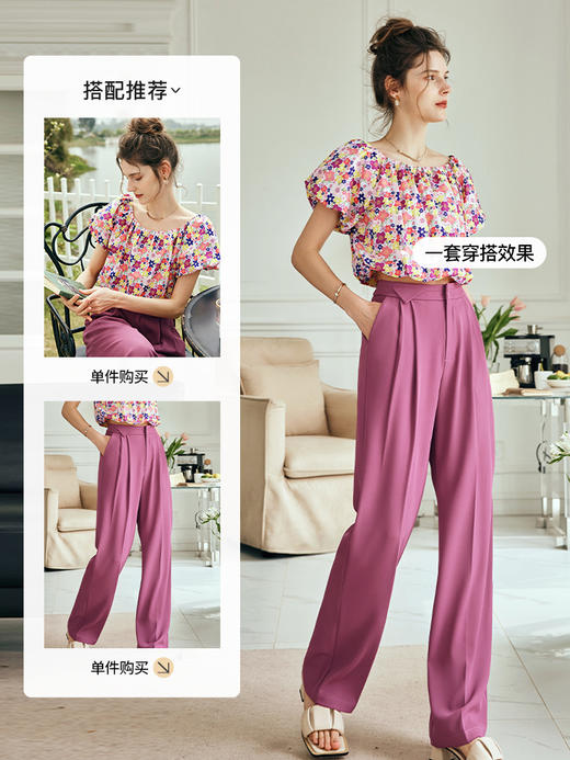 OLrain欧芮儿法式树莓粉休闲裤女夏季2023新款高腰直筒阔腿薄款裤 商品图3