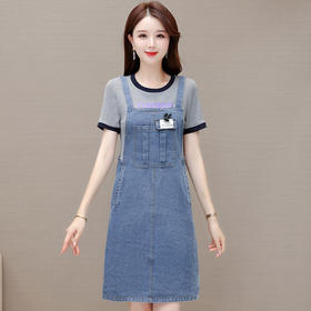 QYM 63076 -Y时尚气质连衣裙牛仔裙拼结短袖假两件