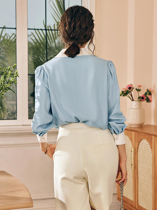 OLrain欧芮儿法式蓝色衬衫女春季2023新款宽松气质设计感撞色衬衣 商品图2